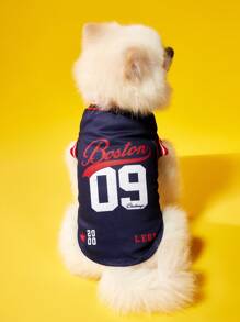 PETSIN 1 件宠物猫狗通用海军蓝 09 号球衣，带英文数字条纹撞色罗纹袖口，舒适时尚狗狗背心 - 彩色 - 查看 2