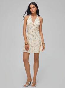 Roylia Damen V-Ausschnitt Blumenmuster geschichtetes Volant Saum Strandurlaubs Kleid