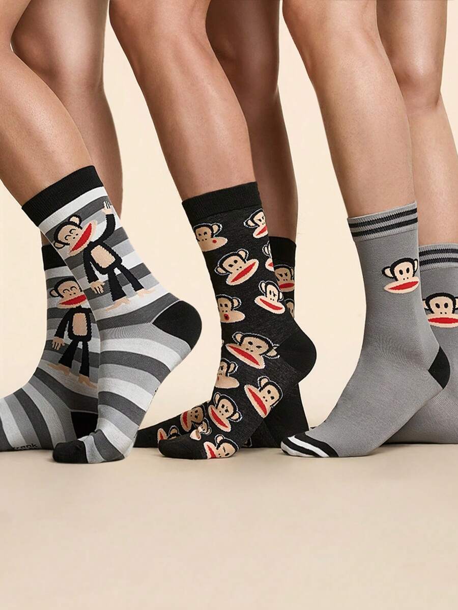 Paul Frank X SHEIN 3 Pairs Breathable Moisture-Wicking Unisex Crew Socks With Cartoon Design, Reinforced Toe And Heel For Durability, Suitable For All Seasons,Monkey