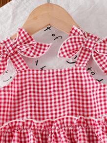 SHEIN Set de 2 piezas de parte superior con tirantes de moño a cuadros y pantalones para niña bebé, conjunto de ropa de verano en estilo vintage lindo - Rojo - Ver 6