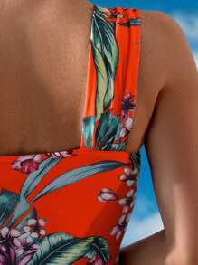 Swim Lushoire 1pc Women's Tropical Plant Print One-Piece Swimsuit, Vacation For Summer