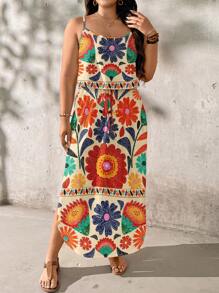 SHEIN LUNE Robe d'été à bretelles fines, ourlet incurvé, imprimé floral, grande taille