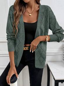 EMERY ROSE Casual & Comfortable Women's Openwork Diamond Shape Mesh Design Cardigan, Long Sleeve Top Blouse For Home, Holiday, Beach Fall Winter Cloth For Women - Green - View 3
