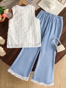 SHEIN Conjunto de 2 piezas elegante para niña preadolescente compuesto por blusa sin mangas de encaje y pantalones azules de encaje con bajo asimétrico