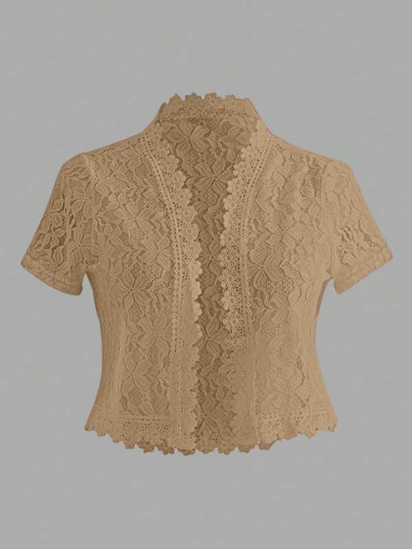 SHEIN Clasi Ladies' Summer Solid Color Lace Patchwork Casual Open Front Jacket For Holiday Party Clothes
