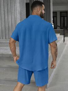 Manfinity Homme 2 Pieces Plus Size Men's Solid Color Short Sleeve Shirt And Cargo Shorts Set - Blue - View 2