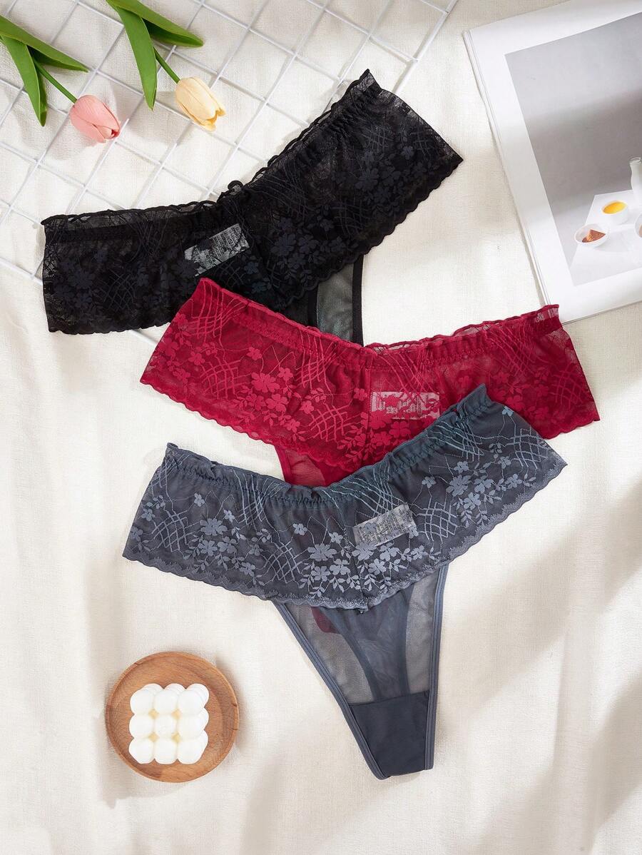 Snug Zone 3pcs Plus Size Lace & Mesh Detail Panty Set - Multicolor - View 1