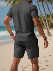 Manfinity Dauomo 男士纯色短袖 Polo 衫和抽绳腰口袋短裤套装