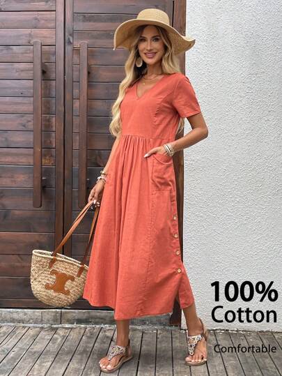 EMERY ROSE Women's Mid-Length Solid Color Short Sleeve V-Neck Dress, Summer Dresses For Women