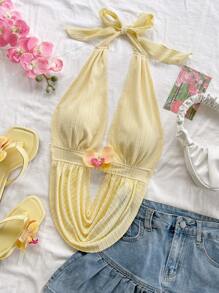 Soleia 女式度假金丝雀黄色针织纹理垂坠领露背系带蝴蝶结修身性感背心，适合派对、约会、下午茶、海滩、夏季 - 黃色 - 查看 4