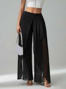 SHEIN Tall Women's Summer Vacation Sheer Split Wide Leg Pants - Black - View 1