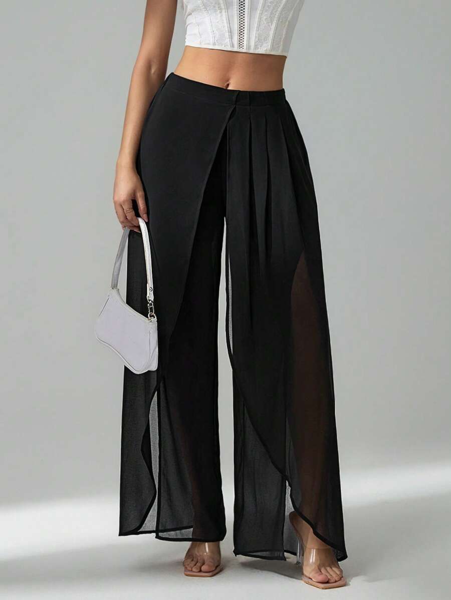 SHEIN Tall Women's Summer Vacation Sheer Split Wide Leg Pants - Black - View 1