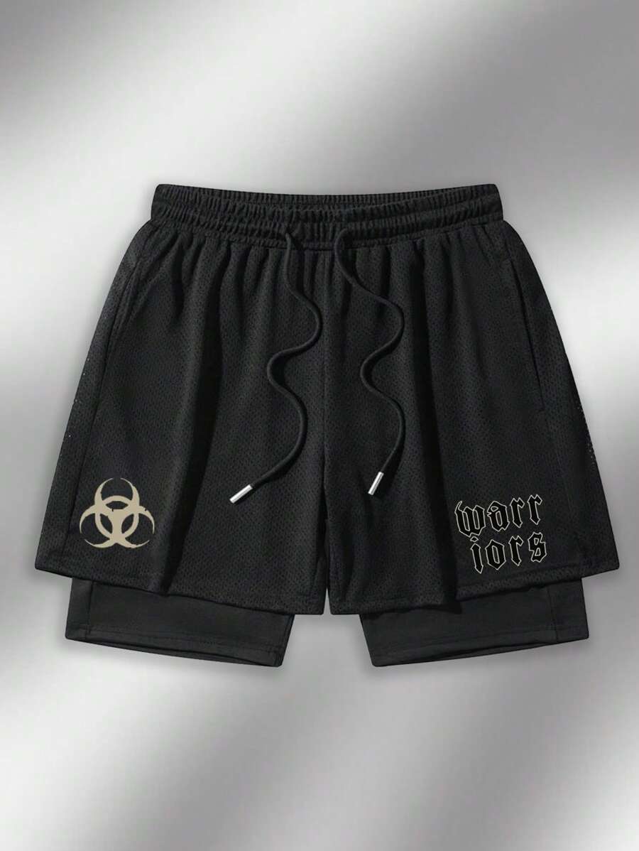 Manfinity Sport Polished Men's Summer Casual Letter Graphic Drawstring Waist Sports Lined Shorts Biker Shorts Running Shorts - Black - View 1