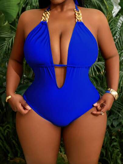 Slaydiva 1 szt. Duży rozmiar damski wycięty tył łańcuszek dekoracyjny jednoczęściowy kostium kąpielowy