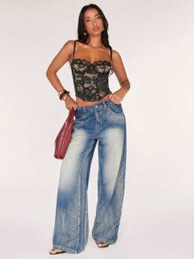 SHEIN BAE 性感蕾丝透视吊带背心，适合派对、约会、通勤、可爱文胸、性感夜店上衣、束身胸衣、外出上衣、可爱上衣、夏季蕾丝上衣 - 黑色 - 查看 4