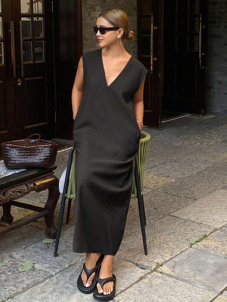 Solid Color Loose V-Neck Sleeveless Casual Long Dress For Women, Summer Maxi Dress