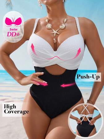 Swim DD+ DD+ 女士撞色镂空肩带纹理聚拢文胸