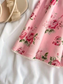 SHEIN Floral Fabric Bow Teenage Girl Holiday Dress, Elegant Vacation Chiffon Dress, Suitable For Beach, Vacation, Outing - Pink - View 6