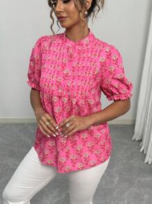 Elenzga 大码女式节日花卉印花泡泡袖褶皱衬衫 - 彩色 - 查看 4