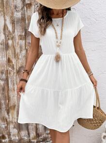EMERY ROSE Women Plain Round Neck Short Sleeve Ruffle Hem Casual Mid-Length Dress White Dresses For Women - White - View 3