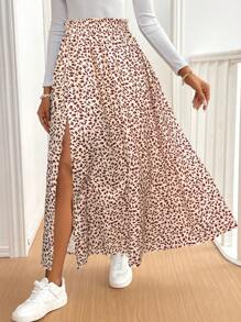 SHEIN Frenchy 女士碎花开衩荷叶边半身裙 - 杏色 - 查看 5