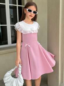 SHEIN Nova Glow Tween Girls Casual Versatile Urban Commute Sleeveless Dignified Striped Front Button Fitted A-Line Dress, Suitable For Everyday Wear, Back To School Season, Gatherings