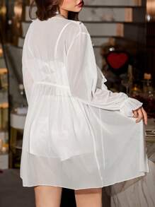 SilkySpell Sexy Bowknot Ruffle Trim Mesh Chemise Women Nightwear Set - White - View 2