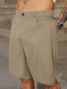 Manfinity Homme 大码男士简约休闲纯色斜口袋短裤 - 卡其色 - 查看 1