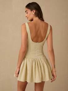 Enchnt Váy mùa hè không tay họa tiết kẻ caro cho nữ - Màu vàng - Xem 2