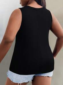 Maweii Plus Size Summer Casual Motorcycle & Letter Print Round Neck Tank Top - Black - View 2