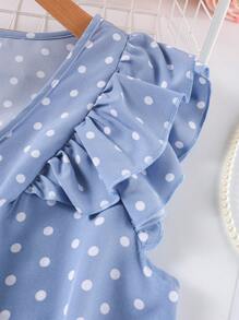 SHEIN CURVE+ Plus Size Women's Casual Polka Dot Print Ruffle V-Neck Blouse, Summer, Summer Tops - Blue - View 4