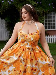 Flirla Neues Sommerkleid, elegantes Urlaubskleid mit französisch-romantischem Van Gogh Sonnenblumen Blume Muster, Neckholder, Bindetaille und fließendem Rock - Verschiedenfarbig - Übersicht 1
