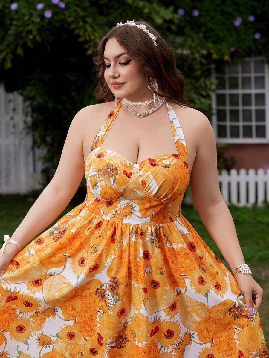 Flirla Neues Sommerkleid, elegantes Urlaubskleid mit französisch-romantischem Van Gogh Sonnenblumen Blume Muster, Neckholder, Bindetaille und fließendem Rock - Verschiedenfarbig - Übersicht 1