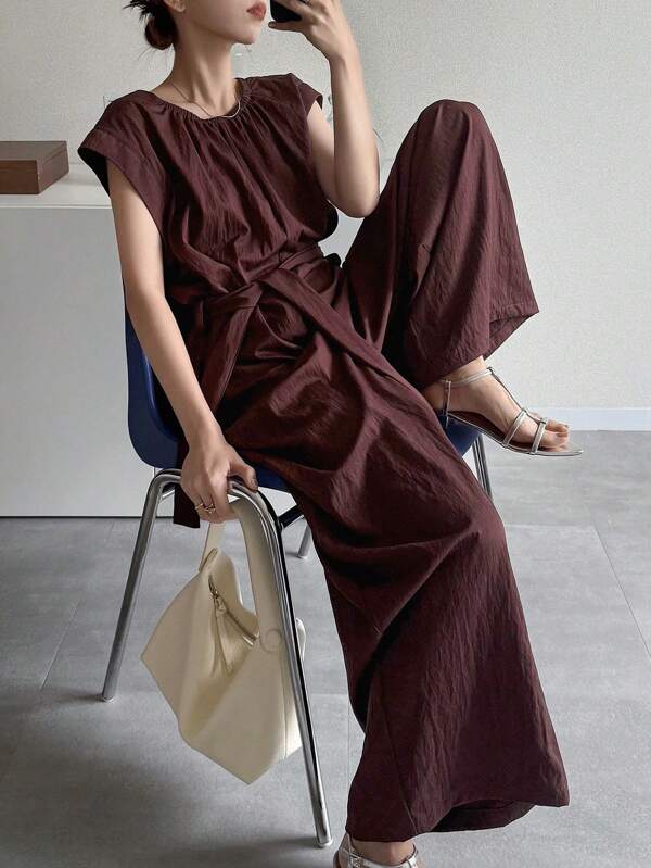 FRIFUL Women's Halter Waist Tied Bowknot Decor Wide Leg Sleeveless Jumpsuit, Summer Outfit