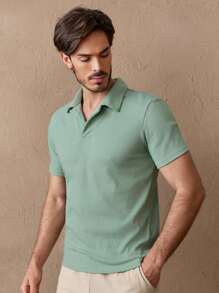 GENTILAND Camisa tipo polo casual de vacaciones de algodón para hombre con cuello de punto acanalado en color verde menta liso, regalo de novio - verde menta - Ver 4