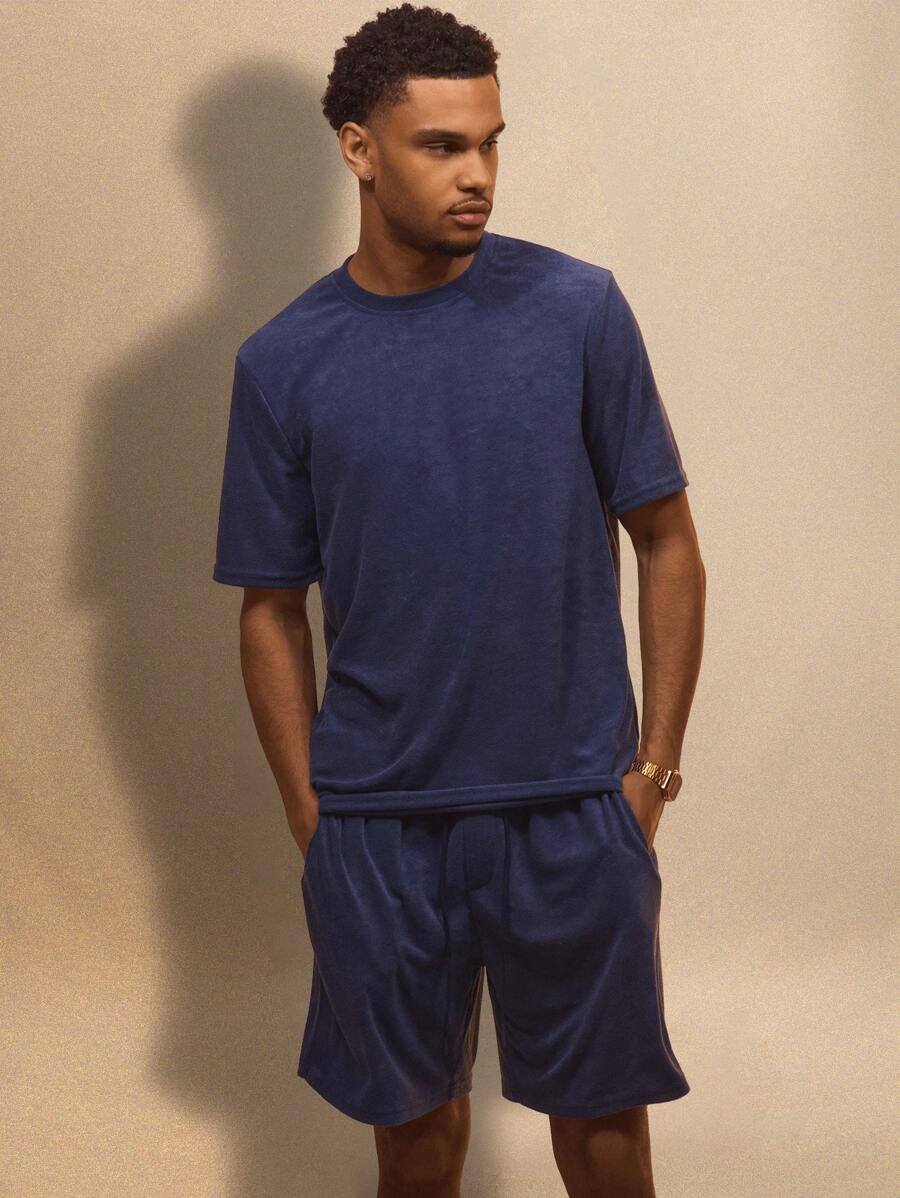 Musero Camiseta de manga corta de estilo casual y relajado con bordado "M" en toalla para vacaciones de verano - Azul Marino - Ver 1