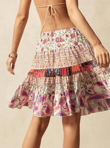 Bohemela Women's Woven Floral Ruffled Skirt With Waist Tie