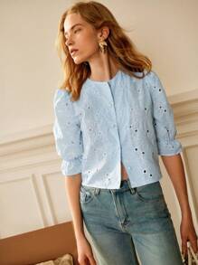 Écloséra 蓝色刺绣花卉圆领主教袖女式衬衫