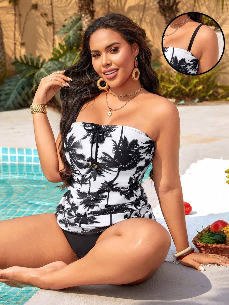 SHEIN Swim Curve Plus Size Women Simple Daily Summer Swimwear Camisole Bikini - Black and White - View 1