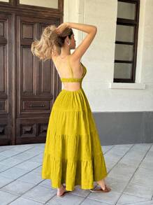 Chiquease Yellow Neck-Tie Splicing Loose Hem Long Casual Vacation Style Dress For Women - Yellow - View 2