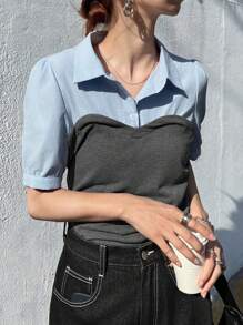 FRIFUL Camicia da donna con maniche a palloncino e blocchi di colore 2 in 1