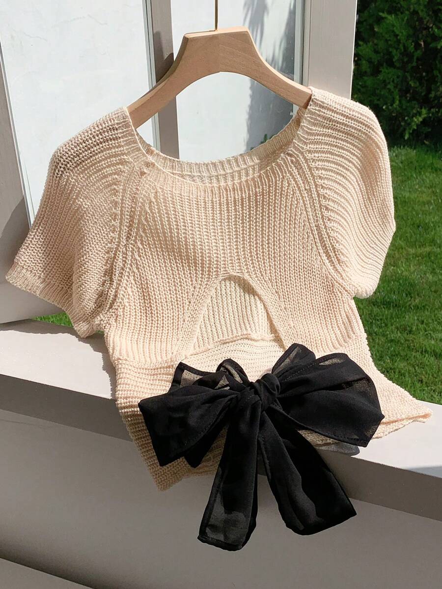 Comfortcana Áo len tay ngắn buộc dây hở lưng màu trơn ngày của mẹ, thời trang cho mùa hè dành cho nữ - Màu be - Xem 1