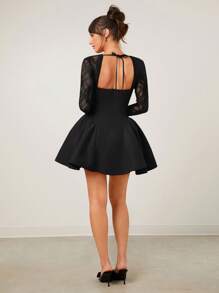 SHEIN SXY Black Skirt Stitching Lace Long Sleeve Princess Ballet Skirt Sexy Mini Dress - Black - View 2