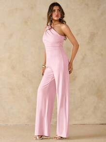 SHEIN BAE 夏日海滩度假优雅纯黑色不对称领露肩单肩连体裤，适合日常约会、夜间外出、夜总会、派对、聚会、鸡尾酒会、泳池派对、办公室穿着、通勤连体裤、假日连体裤 - 珊瑚粉 - 查看 4