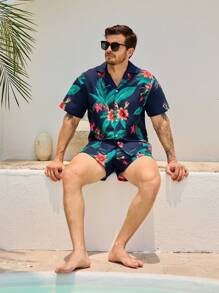Surfspeed Men's Tropical Plant Printed Short Sleeve Top And Shorts Beach 2-Piece Set - Navy Blue - View 6