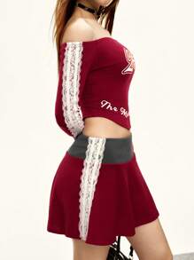 INAWLY Lace Trim Off Shoulder Long Sleeve Top And Mini Skirt 2 Pieces Set Fall Cloth For Women - Burgundy - View 1