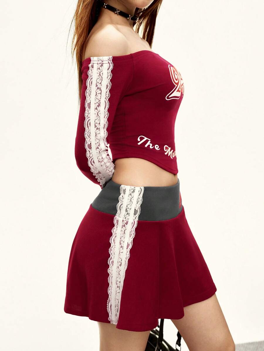 INAWLY Lace Trim Off Shoulder Long Sleeve Top And Mini Skirt 2 Pieces Set Fall Cloth For Women - Burgundy - View 1