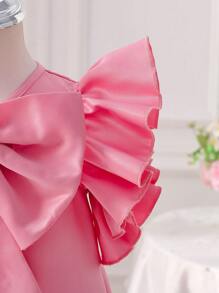 Young Girl Elegant Solid Color Butterfly Decor Ruffle Hem Summer Dress