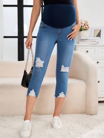 SHEIN Jeans de maternidad informales con bolsillos, efecto desgastado y bloques de color