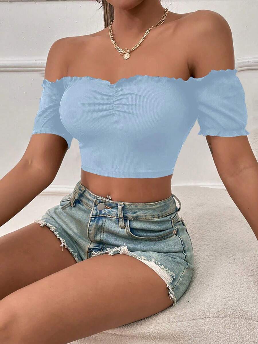 SHEIN Unity Women's Simple Solid Color Off Shoulder Crop Top, Summer - Baby Blue - View 1